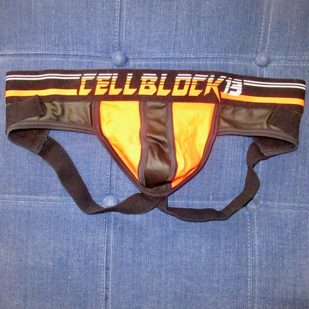 New CellBlock13 Velocity Orange and Black Rubberized Jockstrap Size L